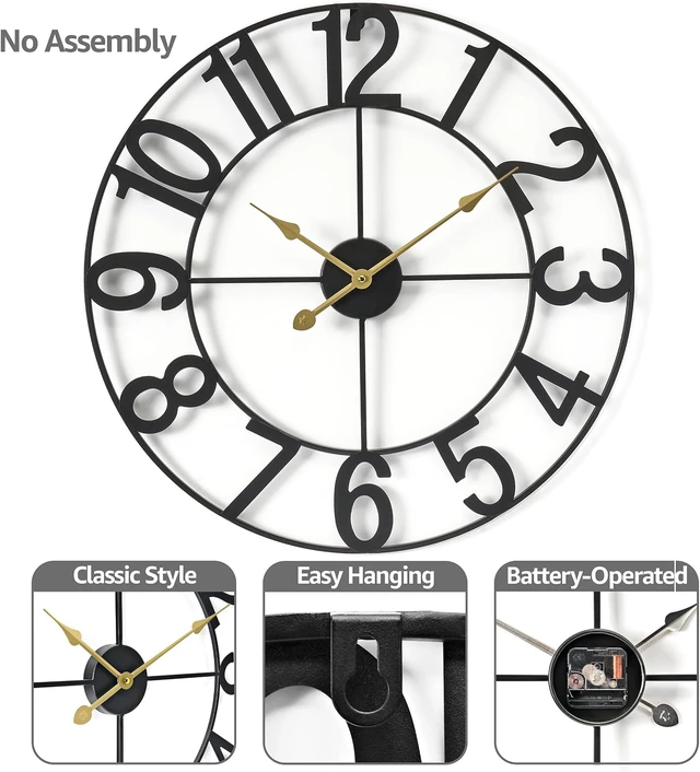 Alt view image 4 of 7 - Large Wall Clock, Metal Frame, Battery Powered (24 Inch, Black)