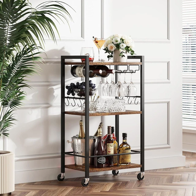 Main image of Bar Cart with Wheels, Mini Drink Cart with Wine Rack & Glass Holder