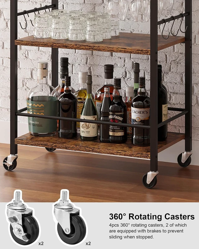 Alt view image 3 of 7 - Bar Cart with Wheels, Mini Drink Cart with Wine Rack & Glass Holder