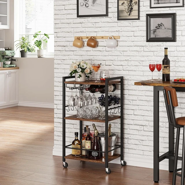 Alt view image 2 of 7 - Bar Cart with Wheels, Mini Drink Cart with Wine Rack & Glass Holder