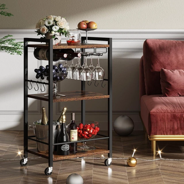 Alt view image 5 of 7 - Bar Cart with Wheels, Mini Drink Cart with Wine Rack & Glass Holder