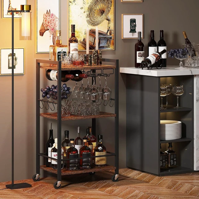 Alt view image 7 of 7 - Bar Cart with Wheels, Mini Drink Cart with Wine Rack & Glass Holder