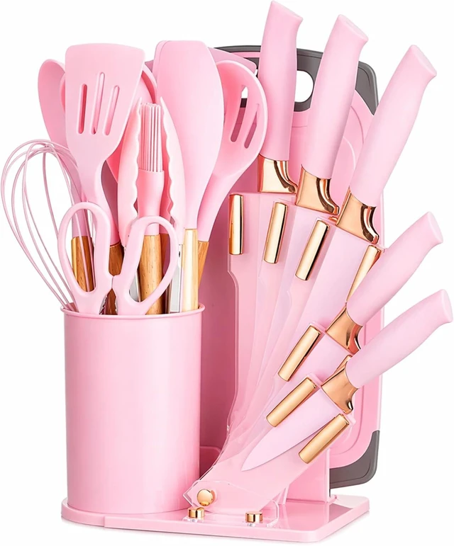 Main image of 19-Piece Pink Kitchen Utensils Set with Knife Set & Cutting Board - Silicone Cooking Utensils with Wooden Handles, Rose Gold Accents, Scissors, Whisk & Tongs - BPA-Free Pink Kitchen Gift Set