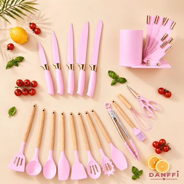 Alt view image 2 of 7 - 19-Piece Pink Kitchen Utensils Set with Knife Set & Cutting Board - Silicone Cooking Utensils with Wooden Handles, Rose Gold Accents, Scissors, Whisk & Tongs - BPA-Free Pink Kitchen Gift Set