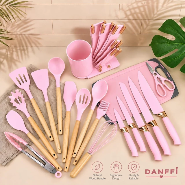 Alt view image 3 of 7 - 19-Piece Pink Kitchen Utensils Set with Knife Set & Cutting Board - Silicone Cooking Utensils with Wooden Handles, Rose Gold Accents, Scissors, Whisk & Tongs - BPA-Free Pink Kitchen Gift Set