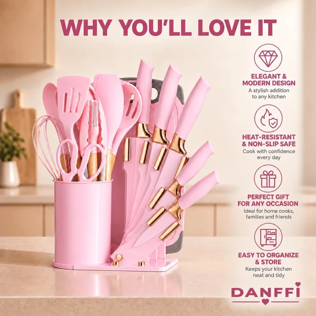 Alt view image 4 of 7 - 19-Piece Pink Kitchen Utensils Set with Knife Set & Cutting Board - Silicone Cooking Utensils with Wooden Handles, Rose Gold Accents, Scissors, Whisk & Tongs - BPA-Free Pink Kitchen Gift Set