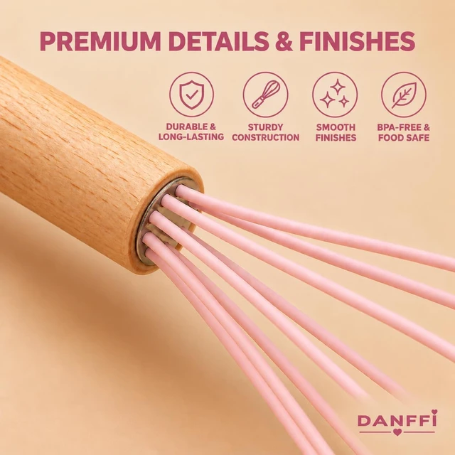 Alt view image 7 of 7 - 19-Piece Pink Kitchen Utensils Set with Knife Set & Cutting Board - Silicone Cooking Utensils with Wooden Handles, Rose Gold Accents, Scissors, Whisk & Tongs - BPA-Free Pink Kitchen Gift Set