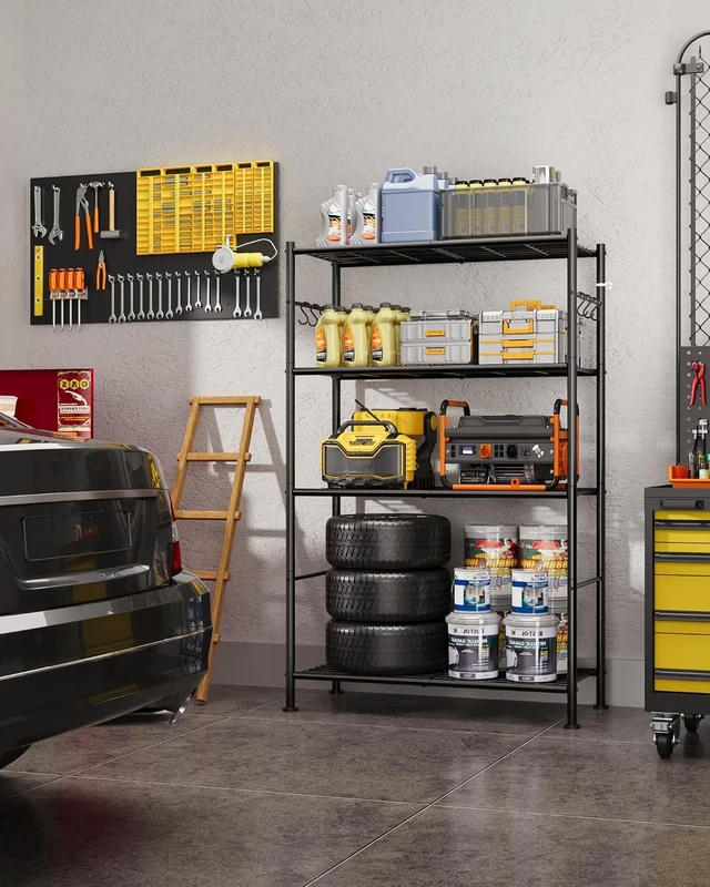 Alt view image 2 of 7 - 4-Tier Storage Shelves with 6 Hooks, 33.2" x 12.7" x 57.3", Black