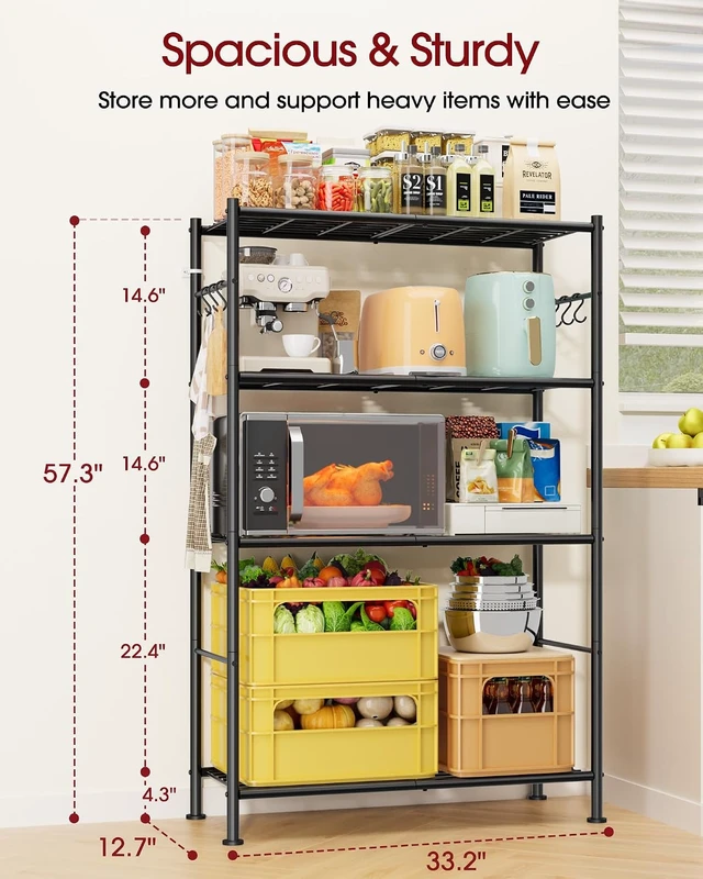 Alt view image 3 of 7 - 4-Tier Storage Shelves with 6 Hooks, 33.2" x 12.7" x 57.3", Black