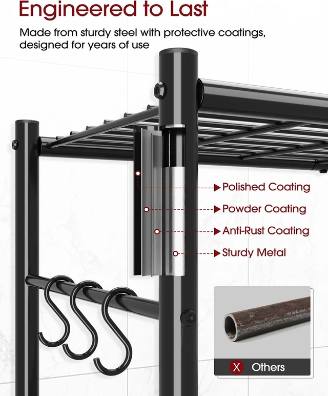 Alt view image 4 of 7 - 4-Tier Storage Shelves with 6 Hooks, 33.2" x 12.7" x 57.3", Black
