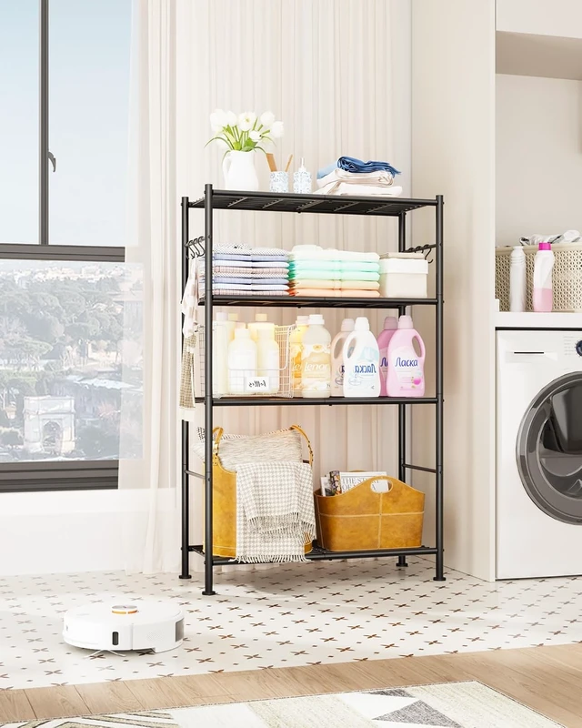 Alt view image 7 of 7 - 4-Tier Storage Shelves with 6 Hooks, 33.2" x 12.7" x 57.3", Black