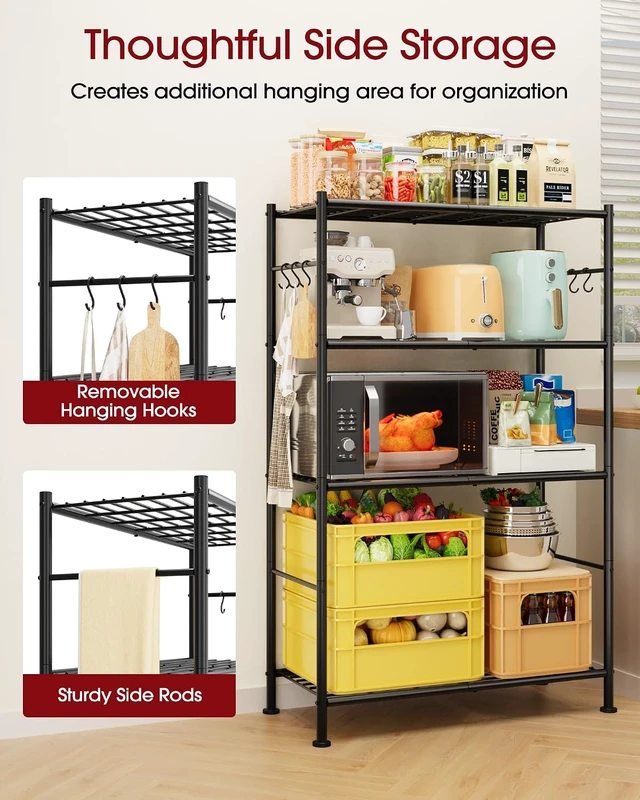Alt view image 5 of 7 - 4-Tier Storage Shelves with 6 Hooks, 33.2" x 12.7" x 57.3", Black