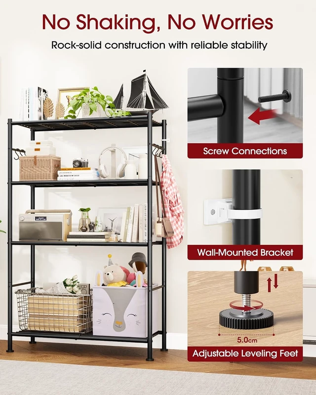Alt view image 6 of 7 - 4-Tier Storage Shelves with 6 Hooks, 33.2" x 12.7" x 57.3", Black