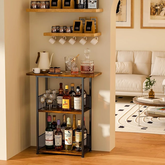 Alt view image 5 of 7 - Floor Standing Freestanding Whiskey Rack: 3 Tier Wine Rack ,Mini Bar Cart