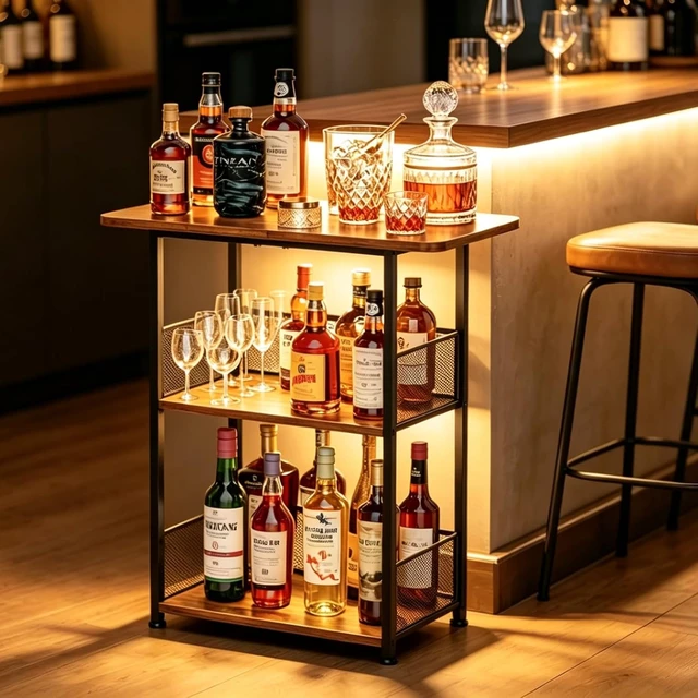 Alt view image 6 of 7 - Floor Standing Freestanding Whiskey Rack: 3 Tier Wine Rack ,Mini Bar Cart