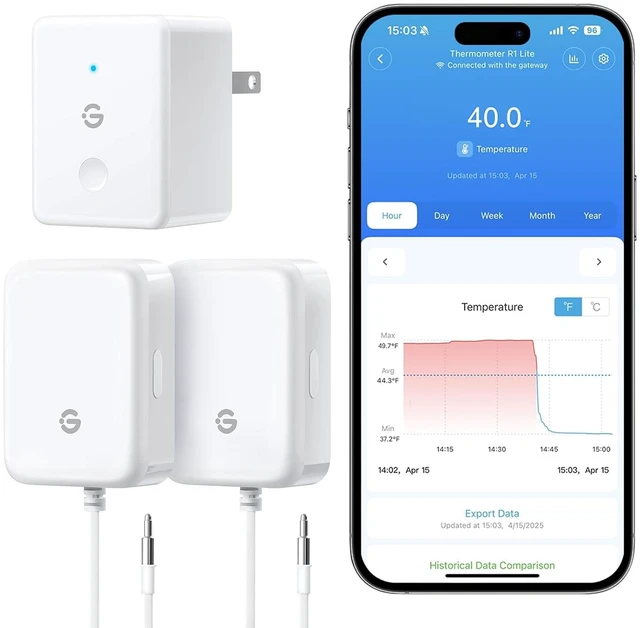 Main image of WiFi Refrigerator Thermometer Sensor with Alarm, 2-Pack & Gateway