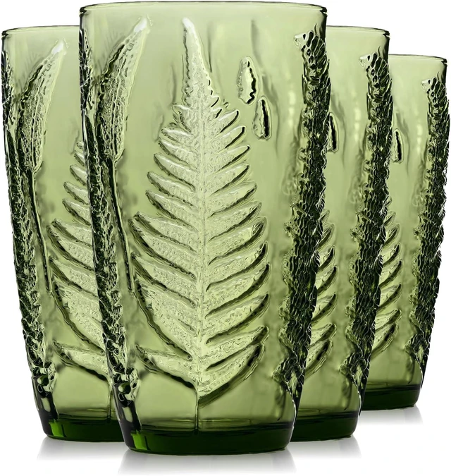 Main image of Green Drinking Glasses Set of 4, 16 oz Glass Cups, Vintage Fern Glassware