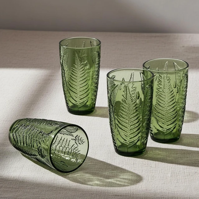 Alt view image 2 of 7 - Green Drinking Glasses Set of 4, 16 oz Glass Cups, Vintage Fern Glassware