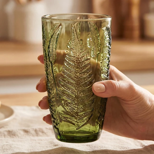 Alt view image 3 of 7 - Green Drinking Glasses Set of 4, 16 oz Glass Cups, Vintage Fern Glassware