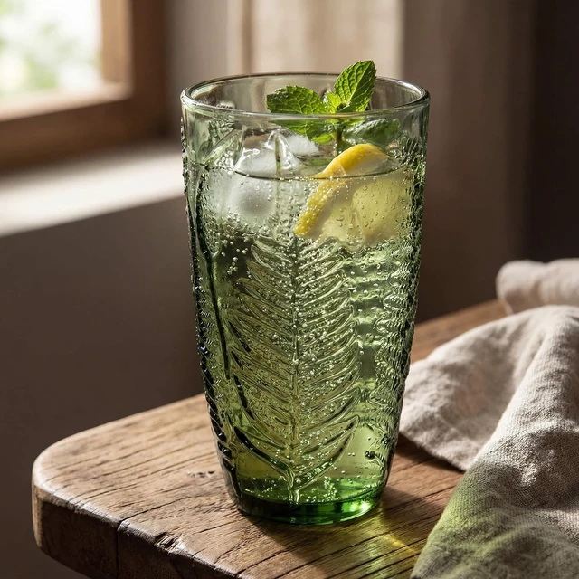 Alt view image 5 of 7 - Green Drinking Glasses Set of 4, 16 oz Glass Cups, Vintage Fern Glassware