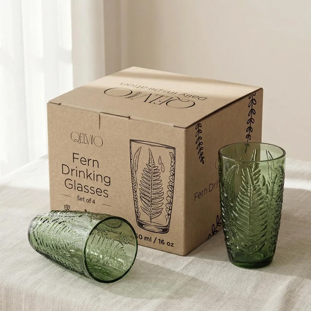 Alt view image 6 of 7 - Green Drinking Glasses Set of 4, 16 oz Glass Cups, Vintage Fern Glassware
