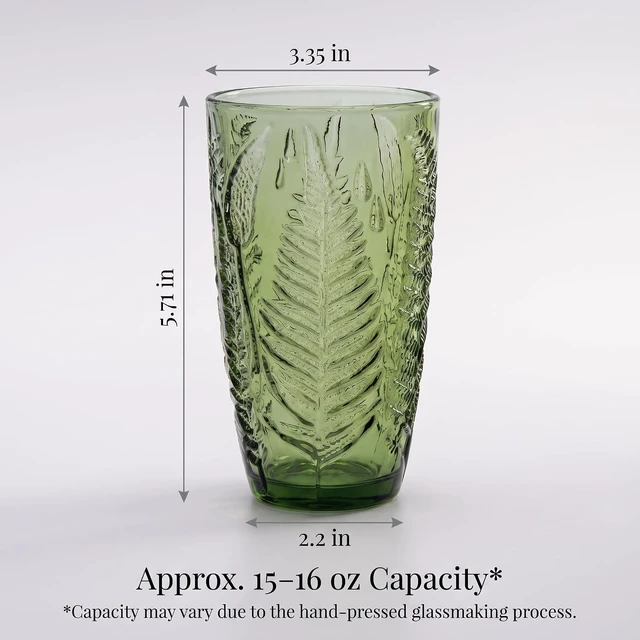 Alt view image 7 of 7 - Green Drinking Glasses Set of 4, 16 oz Glass Cups, Vintage Fern Glassware