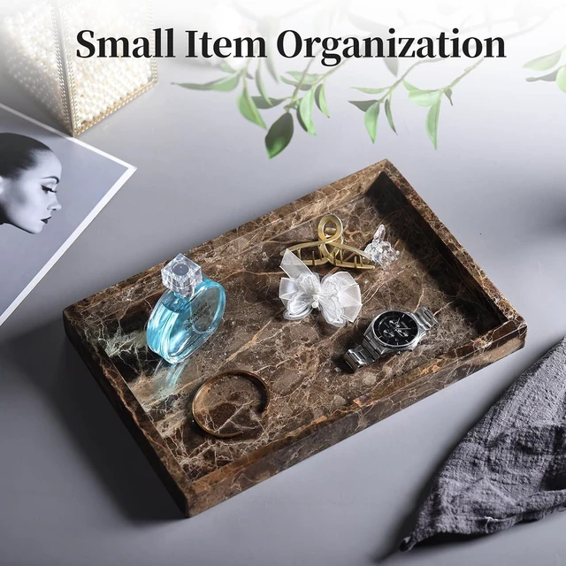 Alt view image 3 of 7 - Real Natural Marble Tray for Bathroom, Genuine Marble Stone Vanity Tray, Luxury Storage Trays for Kitchen, Vanity, Home Decor, Dresser, Non-Resin/Non-Ceramic, 12"x 8"x 1.2", Dark Brown