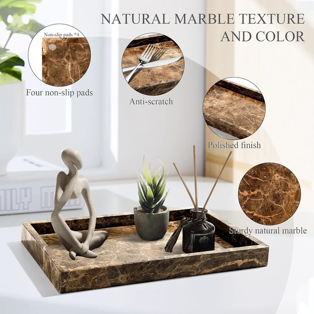 Alt view image 5 of 7 - Real Natural Marble Tray for Bathroom, Genuine Marble Stone Vanity Tray, Luxury Storage Trays for Kitchen, Vanity, Home Decor, Dresser, Non-Resin/Non-Ceramic, 12"x 8"x 1.2", Dark Brown