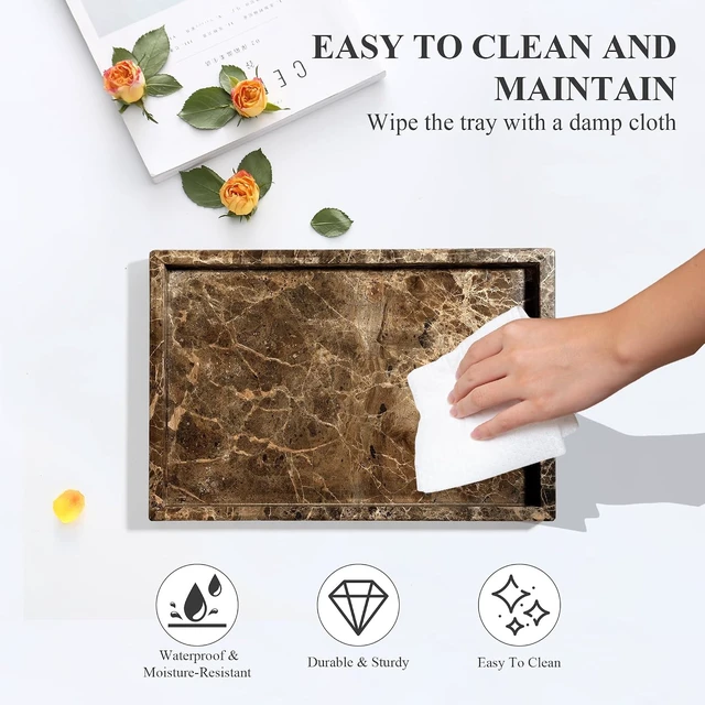 Alt view image 7 of 7 - Real Natural Marble Tray for Bathroom, Genuine Marble Stone Vanity Tray, Luxury Storage Trays for Kitchen, Vanity, Home Decor, Dresser, Non-Resin/Non-Ceramic, 12"x 8"x 1.2", Dark Brown