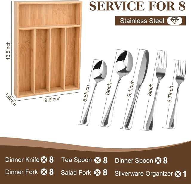 Alt view image 2 of 7 - 40 Piece Silverware Set with Drawer Organizer for 8, Heavy Duty Stainless Steel Flatware Cutlery Set, Fork Spoon Knife Set with Kitchen Essentials Organizer, Rust-proof, Dishwasher Safe