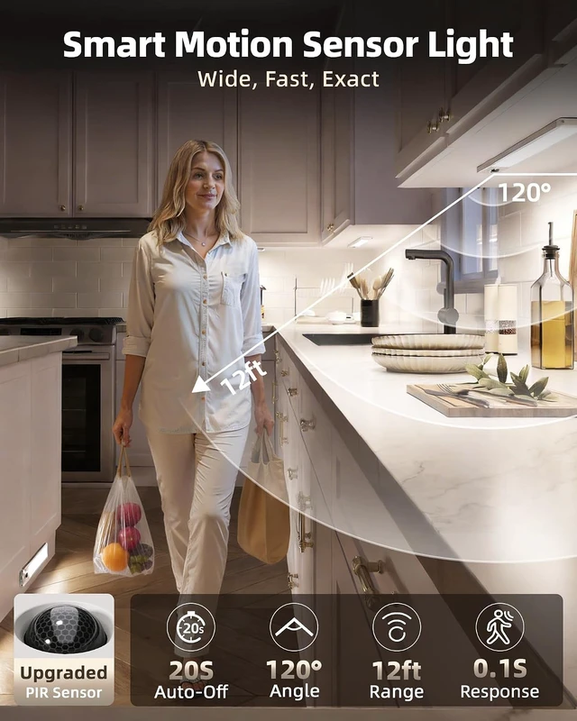 Alt view image 3 of 7 - 5-Pack Under Cabinet Lighting with Charging Station, 2400mAh Motion Sensor Light, LED Coutner Lights Wireless, 6500K Dimmable, Timer, Magnetic, with Remote Control for Kitchen, Closet, Stair