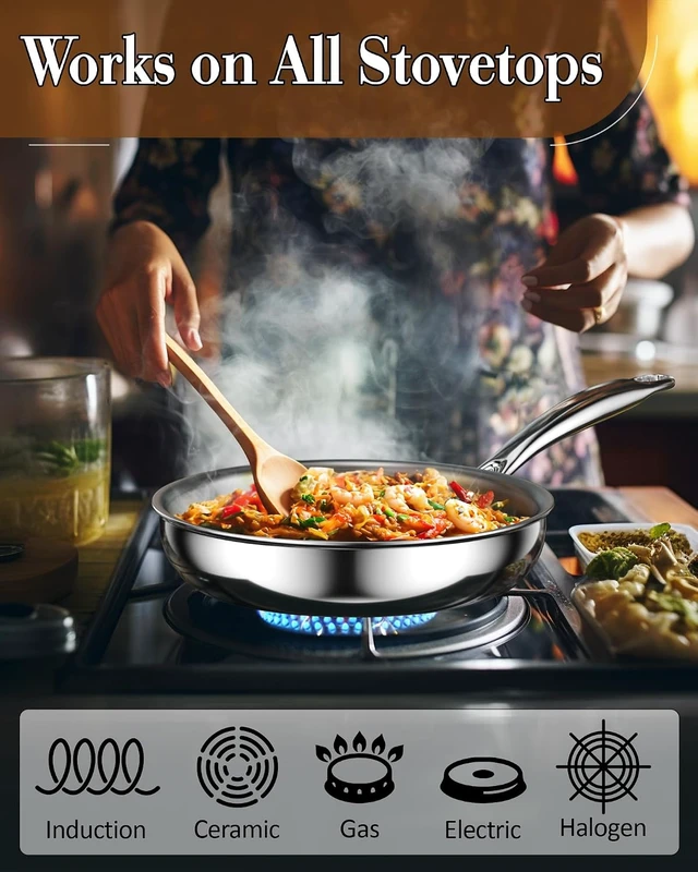 Alt view image 2 of 7 - Classic Tri-Ply Clad 10 Inch Stainless Steel Skillet, Saute Frying Pan, Induction, Compatible with All Cooktops, Dishwasher & Oven Safe