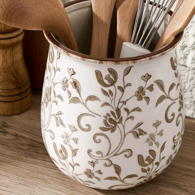 Alt view image 2 of 7 - Utensil Holder for Kitchen Counter, Modern Farmhouse Cooking Utensil Holder and Crock Home Kitchen Decor, Ceramic Utensil Organizer for Spatula, Ladle, Eggbeater, Rolling Pin- Brown Flower Patterns