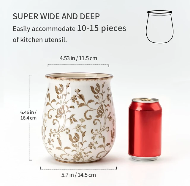 Alt view image 3 of 7 - Utensil Holder for Kitchen Counter, Modern Farmhouse Cooking Utensil Holder and Crock Home Kitchen Decor, Ceramic Utensil Organizer for Spatula, Ladle, Eggbeater, Rolling Pin- Brown Flower Patterns