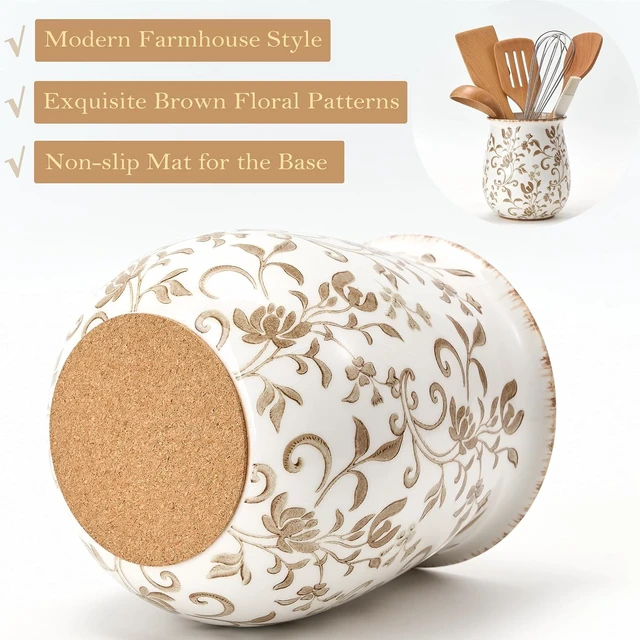 Alt view image 4 of 7 - Utensil Holder for Kitchen Counter, Modern Farmhouse Cooking Utensil Holder and Crock Home Kitchen Decor, Ceramic Utensil Organizer for Spatula, Ladle, Eggbeater, Rolling Pin- Brown Flower Patterns