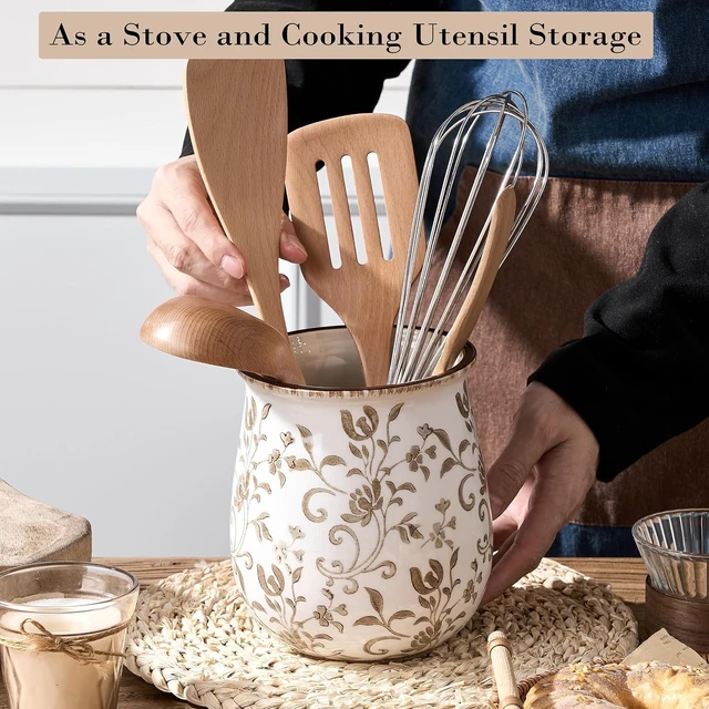 Alt view image 5 of 7 - Utensil Holder for Kitchen Counter, Modern Farmhouse Cooking Utensil Holder and Crock Home Kitchen Decor, Ceramic Utensil Organizer for Spatula, Ladle, Eggbeater, Rolling Pin- Brown Flower Patterns