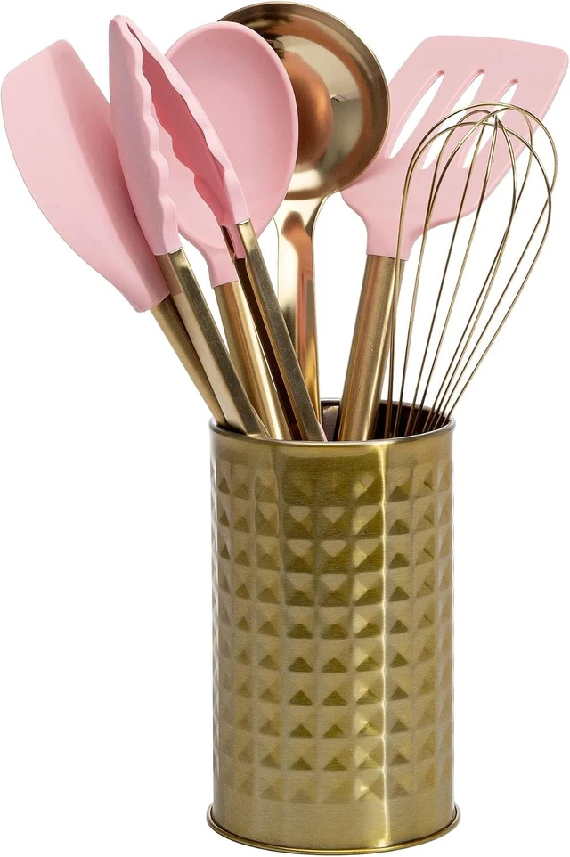 Main image of Kitchen Set Tool Crock with Silicone Cooking Utensils, Stainless Steel Whisk and Ladle, 7-Piece, Pink and Gold