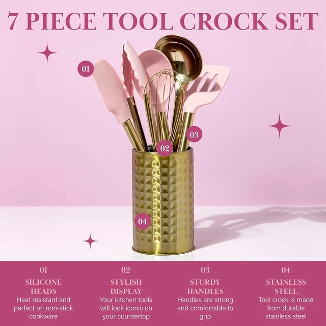 Alt view image 3 of 7 - Kitchen Set Tool Crock with Silicone Cooking Utensils, Stainless Steel Whisk and Ladle, 7-Piece, Pink and Gold