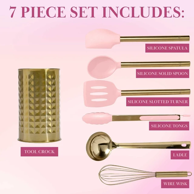 Alt view image 4 of 7 - Kitchen Set Tool Crock with Silicone Cooking Utensils, Stainless Steel Whisk and Ladle, 7-Piece, Pink and Gold