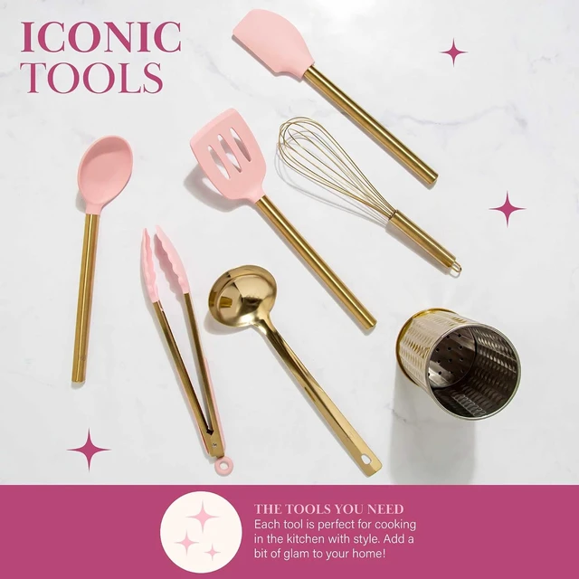 Alt view image 5 of 7 - Kitchen Set Tool Crock with Silicone Cooking Utensils, Stainless Steel Whisk and Ladle, 7-Piece, Pink and Gold
