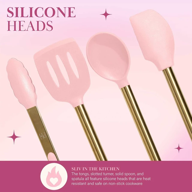 Alt view image 6 of 7 - Kitchen Set Tool Crock with Silicone Cooking Utensils, Stainless Steel Whisk and Ladle, 7-Piece, Pink and Gold