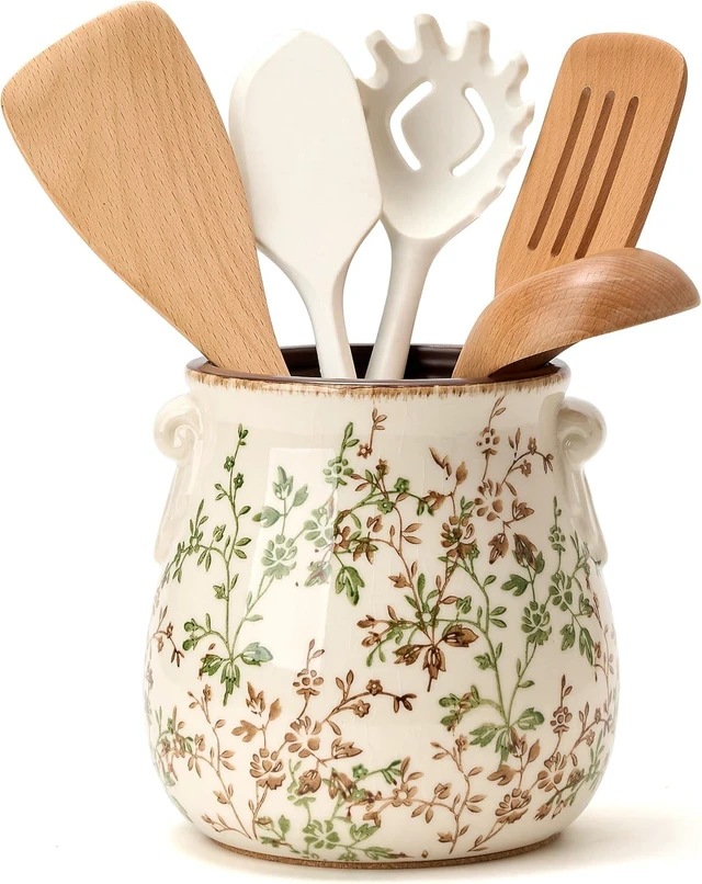 Main image of Utensil Holder for Kitchen Counter, Modern Farmhouse Rustic Cooking Utensil Holder and Crock, Exquisite Chinoiserie Floral Ceramic Utensil Organizer for Home Kitchen Decor- Green and Beige