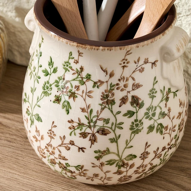 Alt view image 2 of 7 - Utensil Holder for Kitchen Counter, Modern Farmhouse Rustic Cooking Utensil Holder and Crock, Exquisite Chinoiserie Floral Ceramic Utensil Organizer for Home Kitchen Decor- Green and Beige