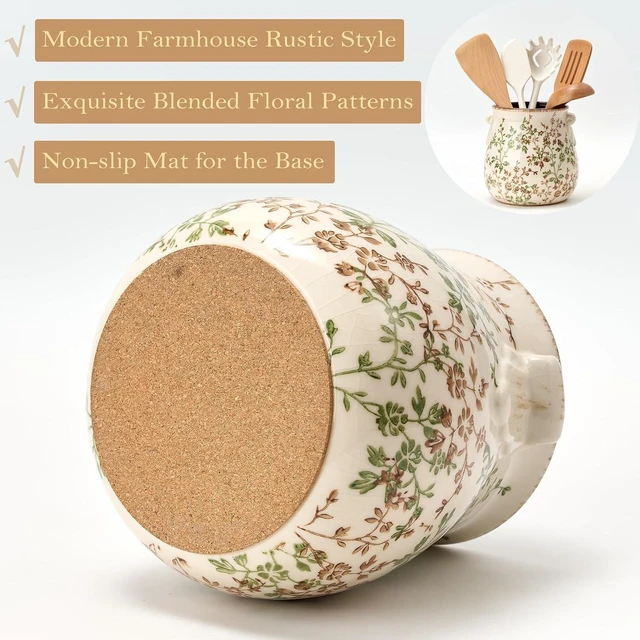 Alt view image 3 of 7 - Utensil Holder for Kitchen Counter, Modern Farmhouse Rustic Cooking Utensil Holder and Crock, Exquisite Chinoiserie Floral Ceramic Utensil Organizer for Home Kitchen Decor- Green and Beige