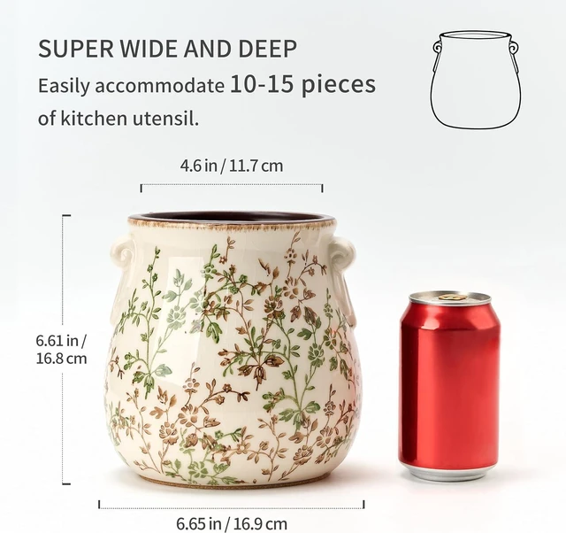 Alt view image 4 of 7 - Utensil Holder for Kitchen Counter, Modern Farmhouse Rustic Cooking Utensil Holder and Crock, Exquisite Chinoiserie Floral Ceramic Utensil Organizer for Home Kitchen Decor- Green and Beige