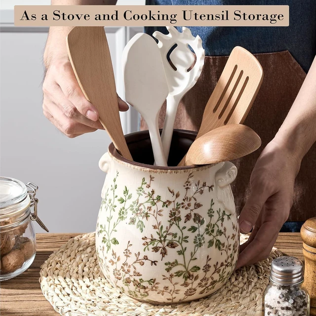 Alt view image 5 of 7 - Utensil Holder for Kitchen Counter, Modern Farmhouse Rustic Cooking Utensil Holder and Crock, Exquisite Chinoiserie Floral Ceramic Utensil Organizer for Home Kitchen Decor- Green and Beige