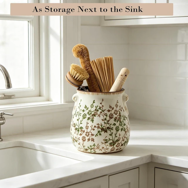 Alt view image 6 of 7 - Utensil Holder for Kitchen Counter, Modern Farmhouse Rustic Cooking Utensil Holder and Crock, Exquisite Chinoiserie Floral Ceramic Utensil Organizer for Home Kitchen Decor- Green and Beige