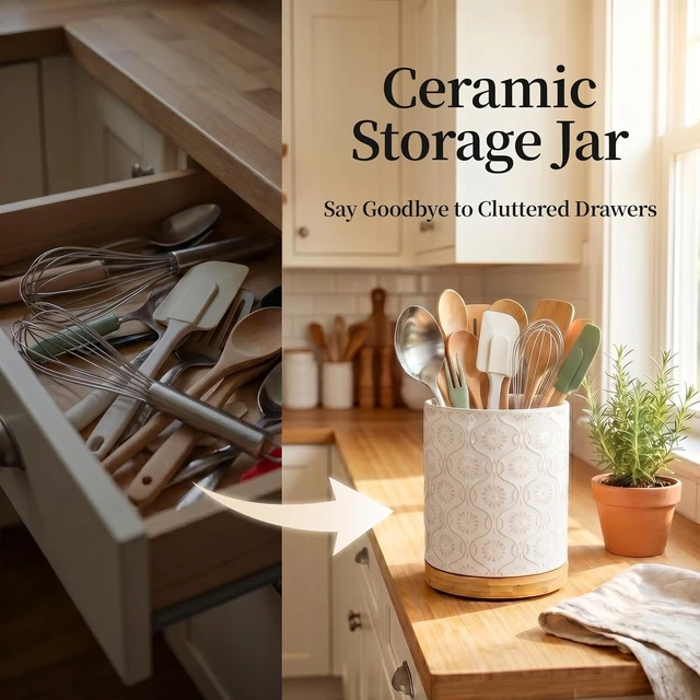 Alt view image 3 of 7 - 2-Pieces Utensil Holder, 7.7"+5.6" Ceramic Utensil Crock for Counter, Beige