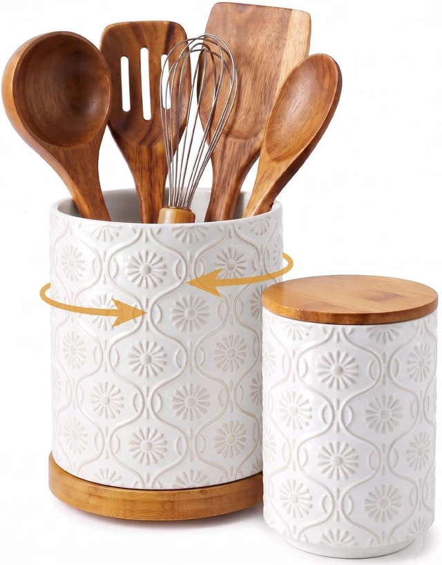 Main image of 2-Pieces Utensil Holder, 7.7"+5.6" Ceramic Utensil Crock for Counter, Beige