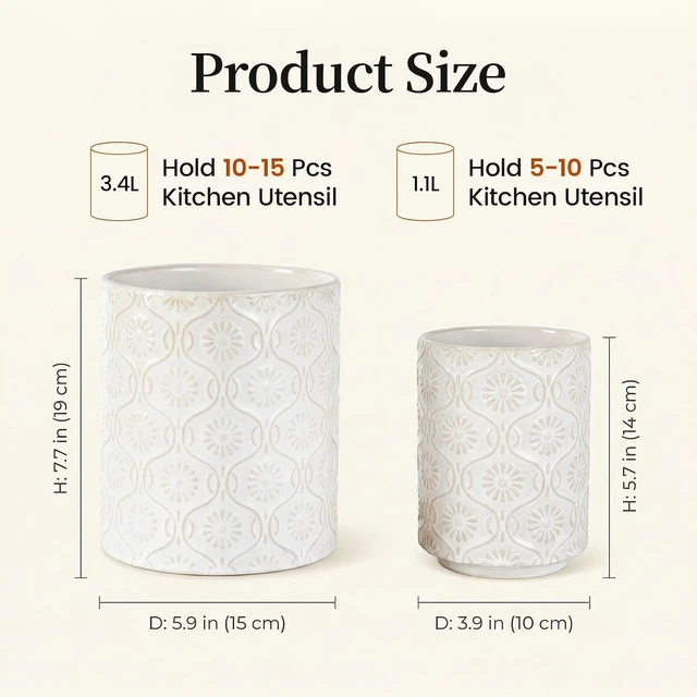 Alt view image 4 of 7 - 2-Pieces Utensil Holder, 7.7"+5.6" Ceramic Utensil Crock for Counter, Beige